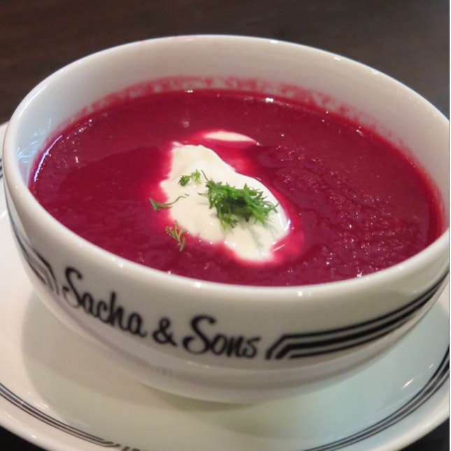 Beetroot Borscht with Sour Cream And Dill $12