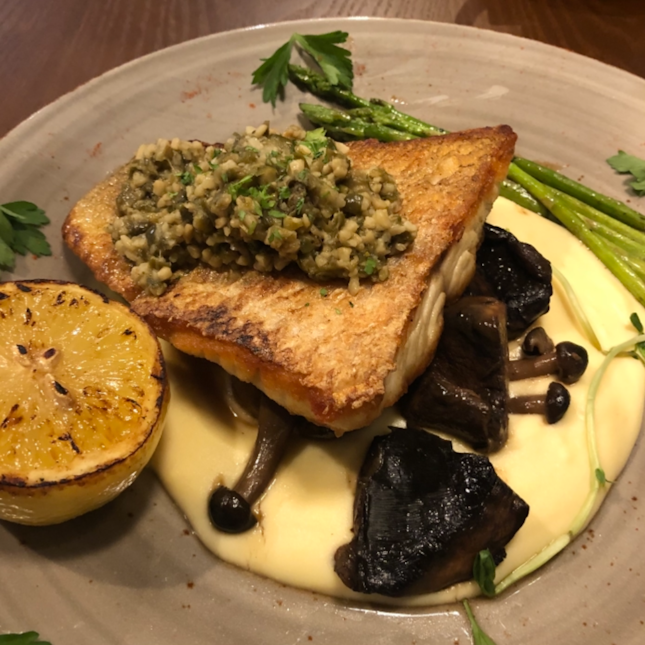 grilled red snapper w garlic caper sauce ($22)